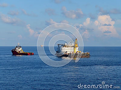 Offshore Accommodation Barge to serve as an offshore hotel to personnel and crew. Stock Photo