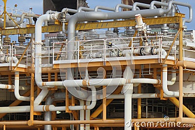 Offshore construction platform for production oil and gas, Oil and gas industry and hard work,Production platform Stock Photo