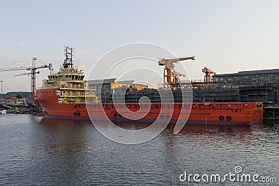 Offshore Construction Vessel in the shipyard. Stock Photo