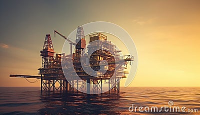 Offshore drilling machine on water at sunset, horizon blending sky and liquid Stock Photo