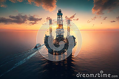 Offshore jack-up rig in the middle of the sea at sunset, capturing the serene beauty of the ocean. Generative AI Stock Photo