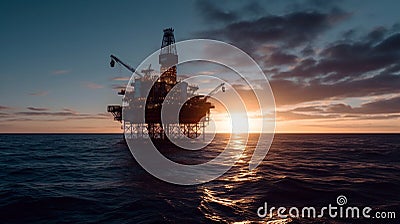 Offshore Jack Up Rig in The Middle of The Sea at Sunset Time Stock Photo