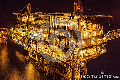 Offshore oil and Gas central processing platform and remote plat Stock Photo