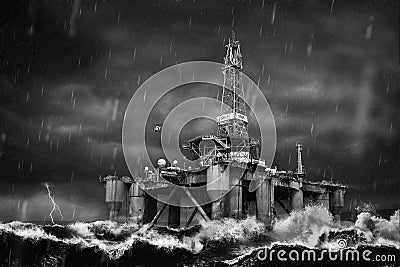 Offshore Oil Platform during strong storm in the middle of a sea Editorial Stock Photo