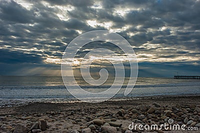 Offshore Oil Platforms under the spotlight at dusk Stock Photo