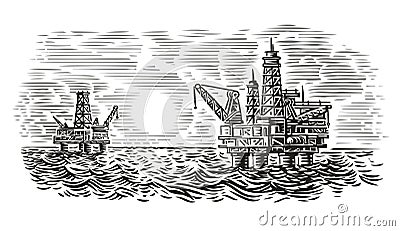 Offshore oil rig engraving style illustration. Sea oil drilling. Vector. Vector Illustration