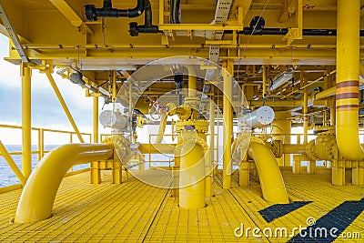 Offshore pipe, riser and sealine on oil and gas wellhead hub remote platform, the central facility to combine gases and crude Stock Photo