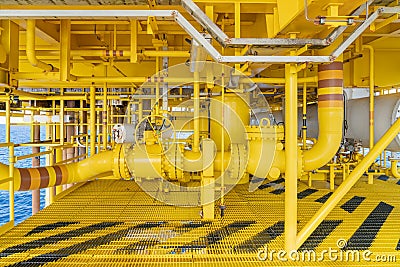 Offshore pipeline, riser and sealine on oil and gas wellhead hub remote platform, the central facility to produce raw gas Stock Photo