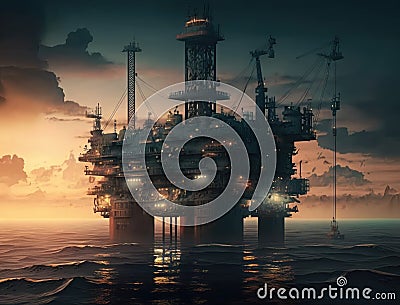 Offshore Production Platform in the Middle of Sea for Oil and Gas Production. Generative AI Stock Photo