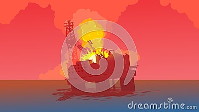 Offshore rig on fire accident big explosion and sink down Vector Illustration