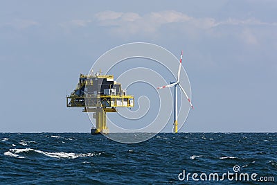 Offshore substation and wind turbine Editorial Stock Photo