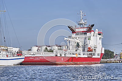 Offshore supply ship Ivan Sidorenko on Pregolya River,Kaliningrad, Russia. Supplying to floating drilling rigs with Editorial Stock Photo