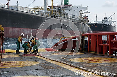 Offshore vessel crew working on deck Editorial Stock Photo