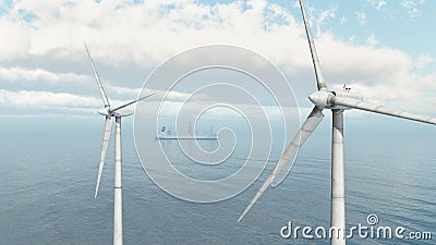 Offshore wind farm and cargo ship Cartoon Illustration