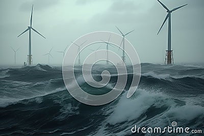 Offshore wind farm in the middle of a stormy north sea. Beautiful gloomy seascape with the wind generators. Sustainable Stock Photo