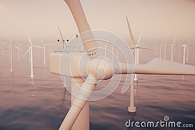 Offshore wind farm turbines caught in sunset sky. Beautiful contrast with the blue sea. ecological concept. 3d rendering Stock Photo