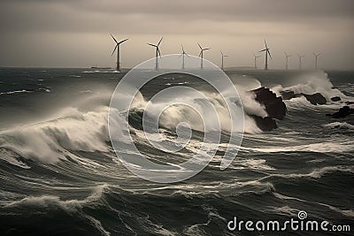 Offshore wind farms next to the deserted wild rocks in the middle of a stormy northern sea. Beautiful gloomy seascape Stock Photo