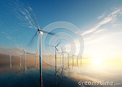 Offshore wind park at daybreak Stock Photo