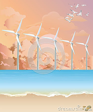 Offshore wind turbines at dawn Vector Illustration