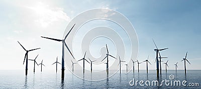 Offshore wind turbines farm on the ocean. Sustainable energy Stock Photo