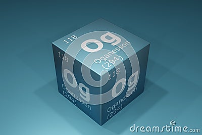 Oganesson, 3D rendering of symbols of the elements of the periodic table, atomic number, atomic weight, name and symbol. Education Cartoon Illustration