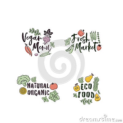 Oganic vegetables labels. Linear graphic. Scandinavian minimalist style. Healthy food design. Vector Illustration