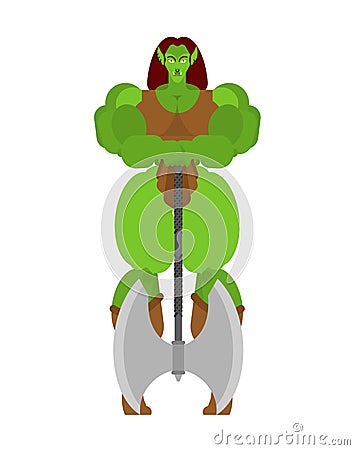 Ogre Female warrior with weapon. Green goblin woman Strong. berserk lady Troll Vector Illustration