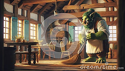 Ogre Sweeping Cottage Interior Stock Photo