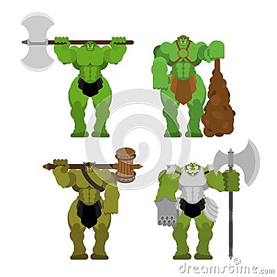 Ogre warrior Army set. Green goblin Strong. berserk Troll Vector Illustration