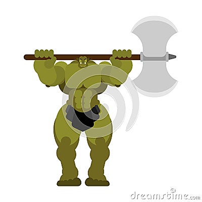 Ogre warrior with weapon. Green goblin Strong. berserk Troll Vector Illustration