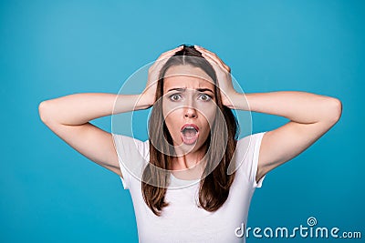 OH NO. Closeup photo of attractive shocked lady open mouth bad mood speechless listen awful terrible horrible news arms Stock Photo