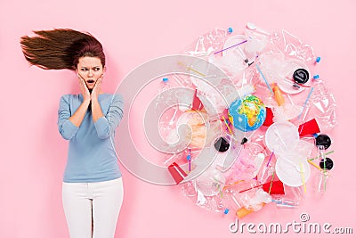Oh no we kill earth. Top above high angle view photo frustrated eco activist girl look trash cup glass bottle bags globe Stock Photo