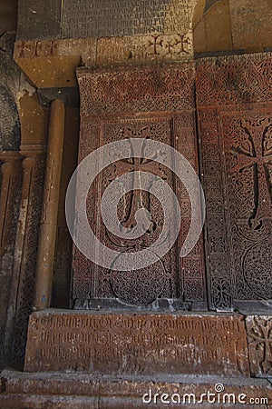 Ohanavan, Armenia, 15th September 2017: Armenian cross-stone otherwise the khachkar located in the monastery in Hovhannavank, Editorial Stock Photo