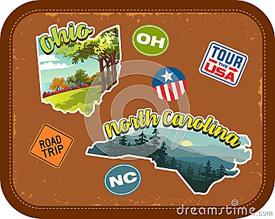 Ohio, North Carolina travel stickers with scenic attractions Vector Illustration