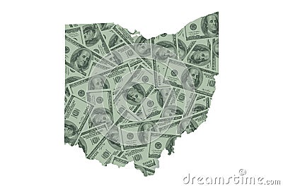 Ohio State Map Outline and United States Money, Hundred Dollar Bills Stock Photo