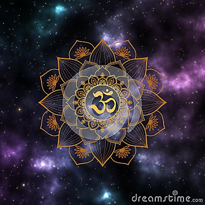 Ohm spiritual sign and gold mandala in the universe Stock Photo