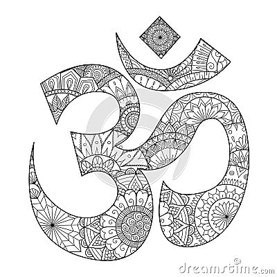 Hand drawn line art inside Ohm,Om or Aum symbol,he most sacred syllable symbol and mantra of Brahman, the Almighty God in Hinduism Cartoon Illustration