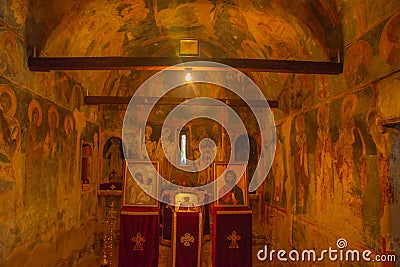 OHRID, NORTH MACEDONIA: Interior of the temple with frescoes. Church St. Nicholas Bolnichki built in the XIV century Editorial Stock Photo