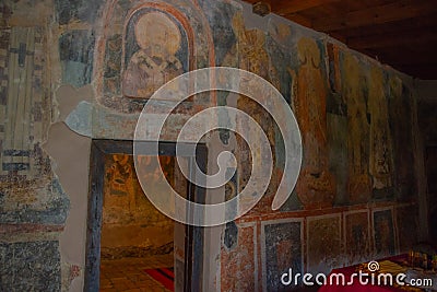 OHRID, NORTH MACEDONIA: Interior of the temple with frescoes. Church St. Nicholas Bolnichki built in the XIV century Editorial Stock Photo