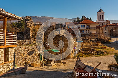 OHRID, NORTH MACEDONIA: View of the fortress walls and the Orthodox church in the historic center of Ohrid. Editorial Stock Photo