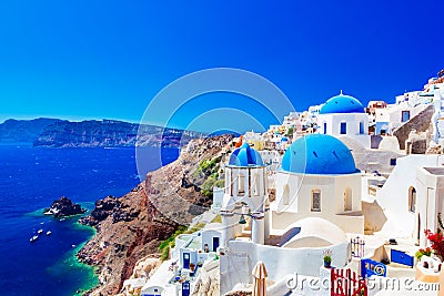 Oia town on Santorini island, Greece. Caldera on Aegean sea. Stock Photo