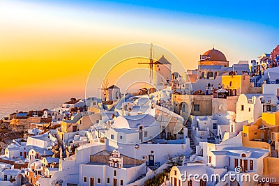 Oia town, Santorini island, Greece at sunset. Traditional and fa Stock Photo