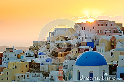 Oia village at sunset, Santorini island, Greece Stock Photo