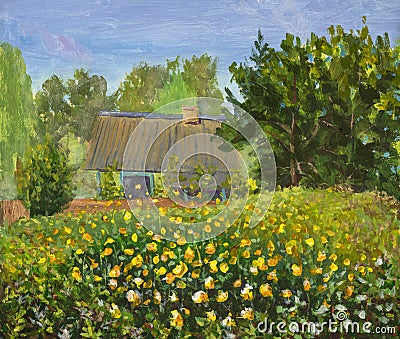 Oil acrylic painting old house with orange wildflowers Cartoon Illustration