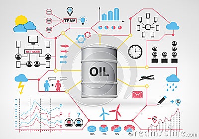 Oil barrel goods with blue red infographic icons and graphs around Cartoon Illustration