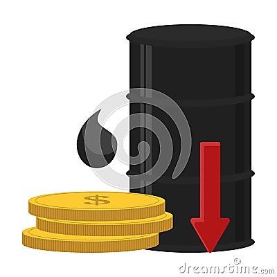 Oil barrel with red arrow down and gold coins dollar. Fall in petrol prices Vector Illustration