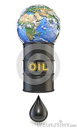 Oil barrel squeezing planet Earth to produce one oil drop Elements of this image furnished by NASA 3D Cartoon Illustration