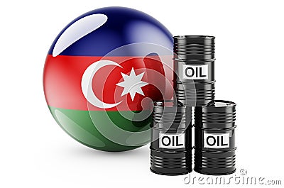 Oil barrels with Azerbaijani flag. Oil production or trade in Azerbaijan concept, 3D rendering Stock Photo