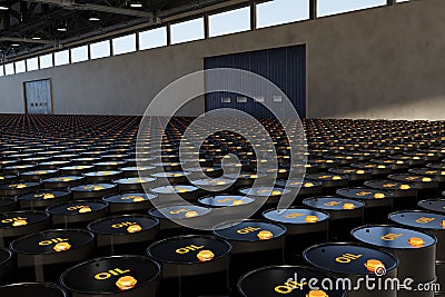 Oil Barrels Drums Stored In Warehouse, 3D rendering Stock Photo