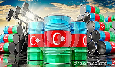 Oil barrels with flag of Azerbaijan and oil extraction wells - 3D illustration Stock Photo